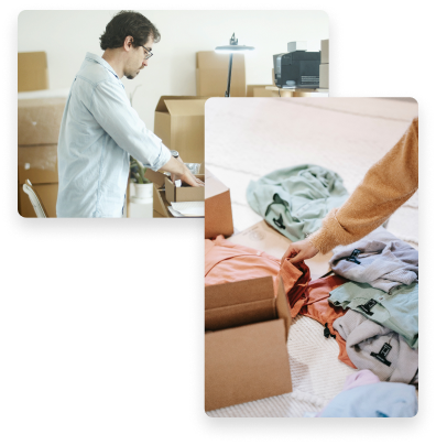 A worker in an office environment packs shirts into parcels for shipping.